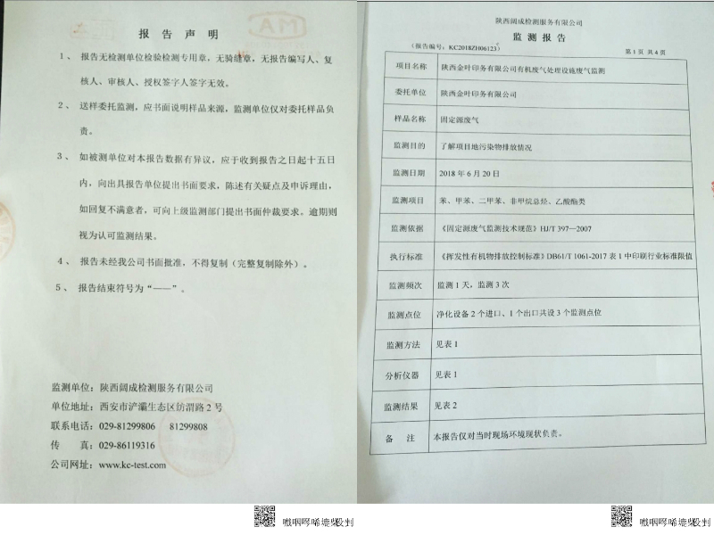 陕西凯发k8一触即发印务有限公司有机废气处置设施废气监测报告